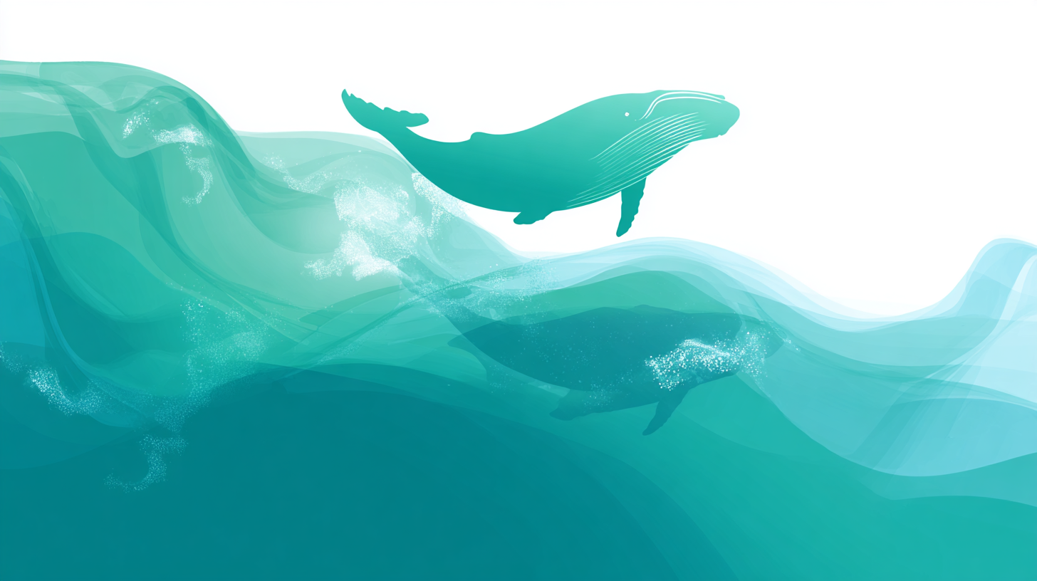 Een gestileerde afbeelding van een walvis die door golven zwemt. De walvis is in een zachte turquoise kleur weergegeven, terwijl de golven in variërende tinten van blauw en groen zijn. De achtergrond is wit, waardoor de afbeelding een serene uitstraling heeft.